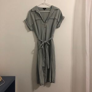 Blue Gray Roolee Button Down Linen Tie Waist Dress
